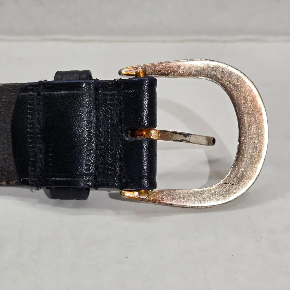 Azia Leather Woven Basketweave Belt Mens 36 Navy Blue Full Grain Silver Buckle